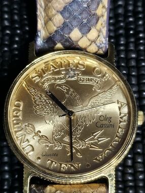 Oleg Cassini Gold Coin Dial Watch with Brown Snake-Print Strap